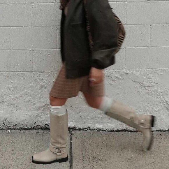 Women's Polyurethane Beige Squared Toe Knee High Tall Riding Motorcycle Boots - Picture 7 of 7